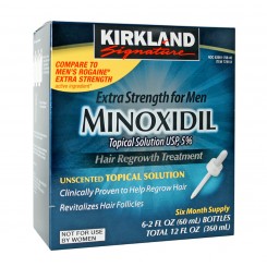 Minoxidil en liquido de la marca Kirkland. Tratamiento para 6 meses de uso. Precio: $ 945