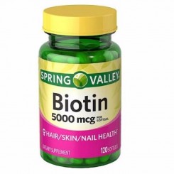 Biotina de 5000 mcg de la marca Spring Valley. Mejora el aspecto de tu cabello, piel y uñas.