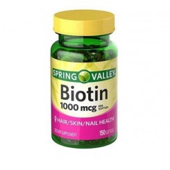 Biotina de 1000 mcg de la marca Spring Valley. Mejora el aspecto de tu cabello, piel y uñas.