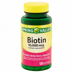 Biotina de 10,000 mcg de la marca Spring Valley. Mejora el aspecto de tu cabello, piel y uñas. Cantidad de capsulas de 120.