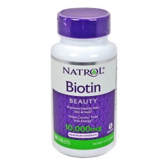 Biotina de 10,000 mcg de la marca Natrol. Mejora el aspecto de tu cabello, piel y uñas. Cantidad de capsulas de 100 tabletas.