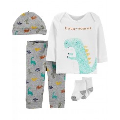 Set de dinosaurios pata niño. Contiene gorro, pants, playera y calcetines. De la marca Carters. Talla: 12 meses.