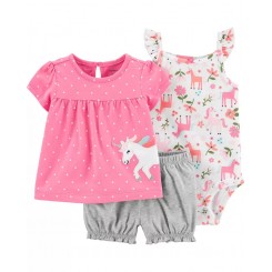 Set de 3 piezas de unicornio para niña, estampado en color rosa. short y pañalera floral, de la talla de 12 meses.