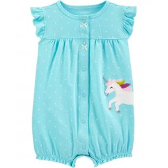 Mameluco de unicornio en color azul. Bordado por el contorno. Para niña en talla: 12 meses. Envios a todo Mexico.