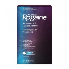 Minoxidil Rogaine en espuma (foam) para mujer. Dosis al 5% para aplicarse 1 ves al dia. Tratamiento para 4 meses.