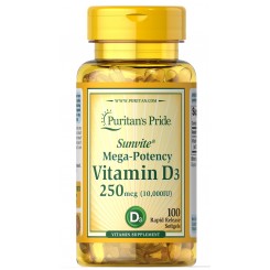 Vitamina d3 de la marca Puritan Pride de 10000 IU (250 mcg) disponible para envio a todo Mexico.
